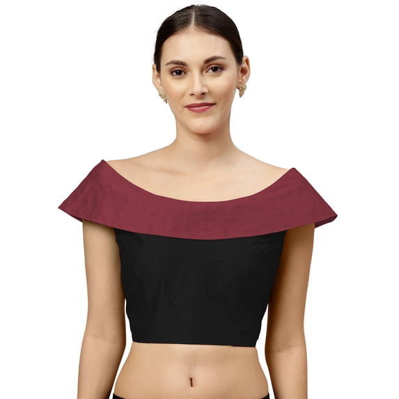 eloria Women's Art Silk Blouse Partywear fillers Boat Neck Sleevless Sari Top With Zipper, Color : Black & Burgundy 2