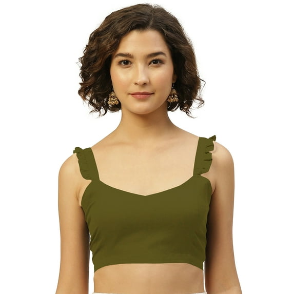 eloria Women's Art Silk Blouse Sweetheart Deep Neck Sleeveless Top Sari Accessories Color: Green | Size: 38