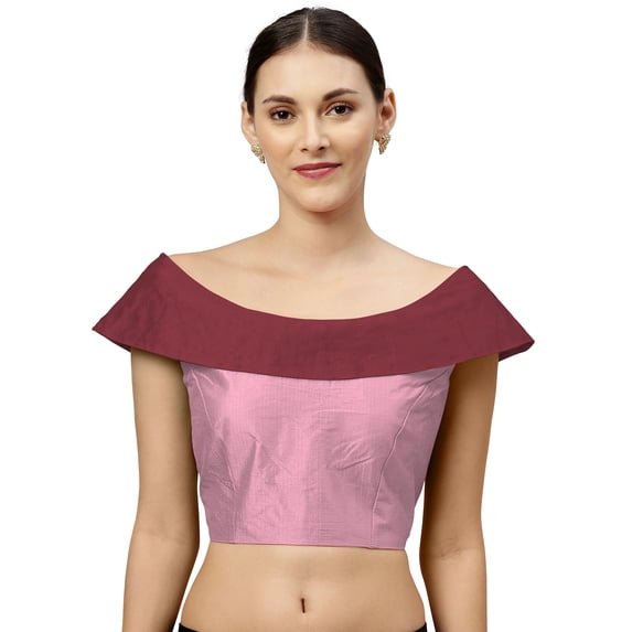 eloria Women's Art Silk Boat Neck Sleevless Partywear Filler Blouse Top, Color : Light Pink & Marron