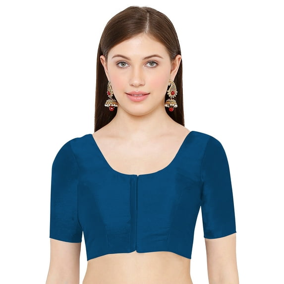 eloria Women's Art Silk Top Short Sleeve Blouse Deep Neck Top Sari Accessories Color: Navy Blue | Size: 44