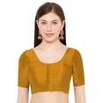 thumbnail image 1 of eloria Women's Art Silk Top Short Sleeve Blouse Deep Neck Top Sari Accessories Color: Orange | Size: 34, 1 of 5