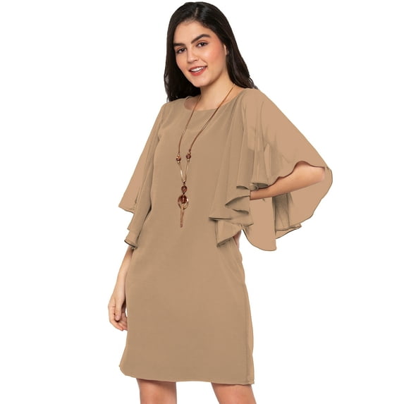 eloria Women's Asymmetric Sleeve Dress Boat Neck Midi Summer Dress Size: 2XL | Color: Beige