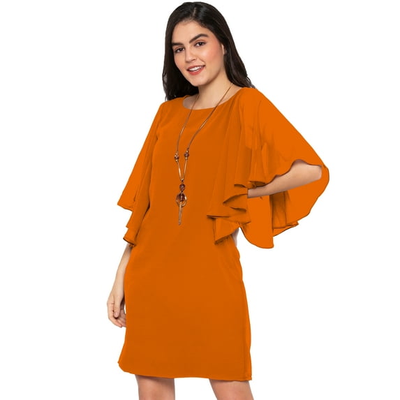 eloria Women's Asymmetric Sleeve Dress Boat Neck Midi Summer Dress Size: 2XL | Color: Orange