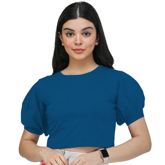 eloria Women's Casual Blouse Tops, Ruffle Puff Sleeve, Round-Neck Top Color: Navy Blue | Size: L