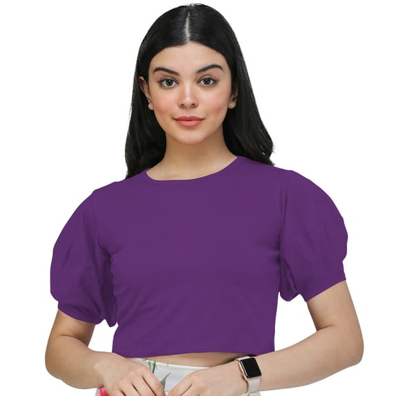 eloria Women's Casual Blouse Tops, Ruffle Puff Sleeve, Round-Neck Top Color: Violet | Size: L
