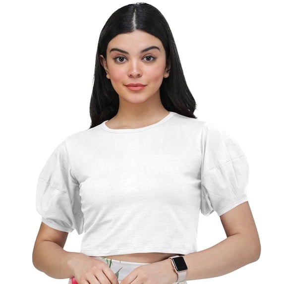 eloria Women's Casual Blouse Tops, Ruffle Puff Sleeve, Round-Neck Top Color: White | Size: L