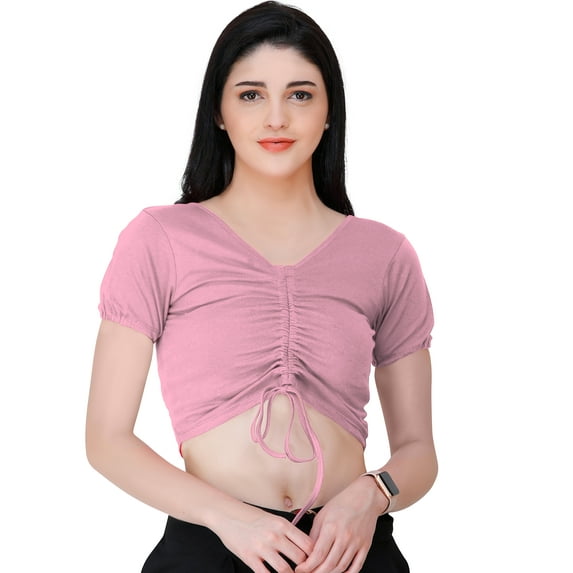 eloria Women's Casual Lycra Ruched Design V Neck Short Sleep Crop Top, Color : Light Pink
