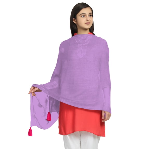 eloria Women's Chiffon Pom Pom Dupatta Long Stole Scarves Ethenic Chunni Stole Color: Pink