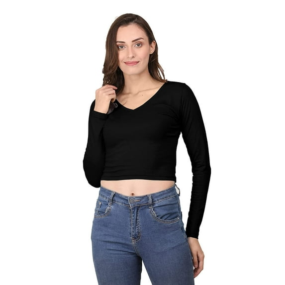 eloria Women's Cotton V-Neck Full Sleeve Crop Tops Black Readymade Saree Blouse for Women