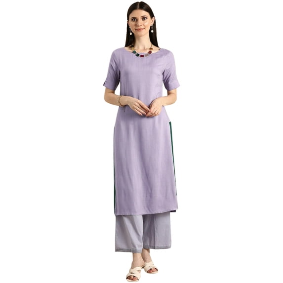 eloria Women's Fashion Solid Boat Neck Kurti Straight Shape With Regular Style Calf length, Color : Lavender, Size : Medium