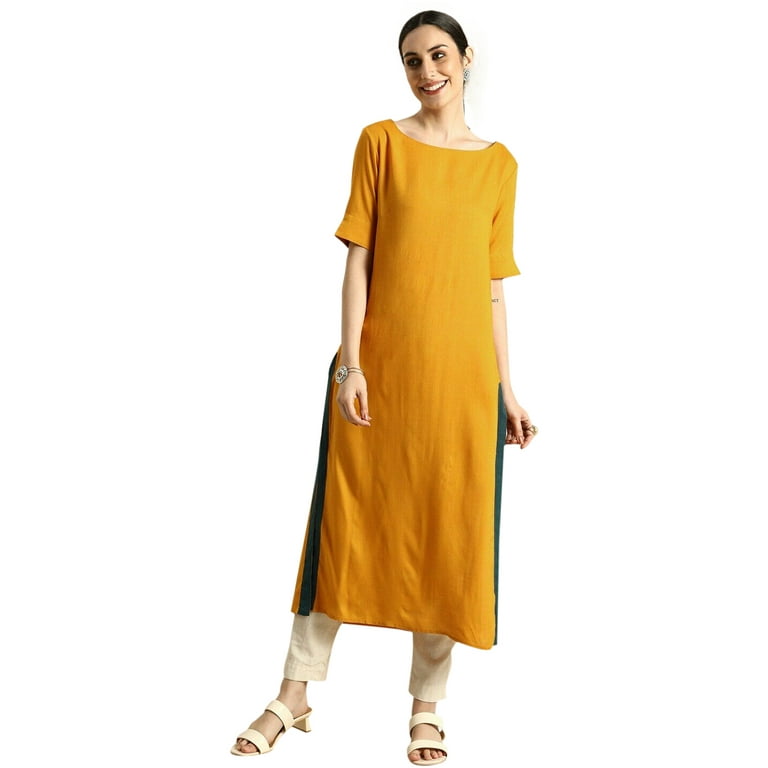 eloria Women s Fashion Solid Boat Neck Kurti Straight Shape With