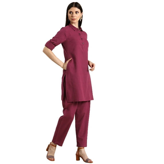 eloria Women's Fashion Solid Collared Neck Design Kurti WithTrouser, Fabric : Cotton, Color : Crimson, Size : Medium