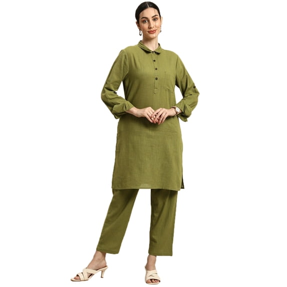 eloria Women's Fashion Solid Collared Neck Design Kurti WithTrouser, Fabric : Cotton, Color : Olive, Size : Medium