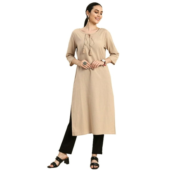 eloria Women's Fashion Solid Front Dori Tie-Up Neck Design Kurti, Fabric : Cotton, Color : Beige, Size : Medium