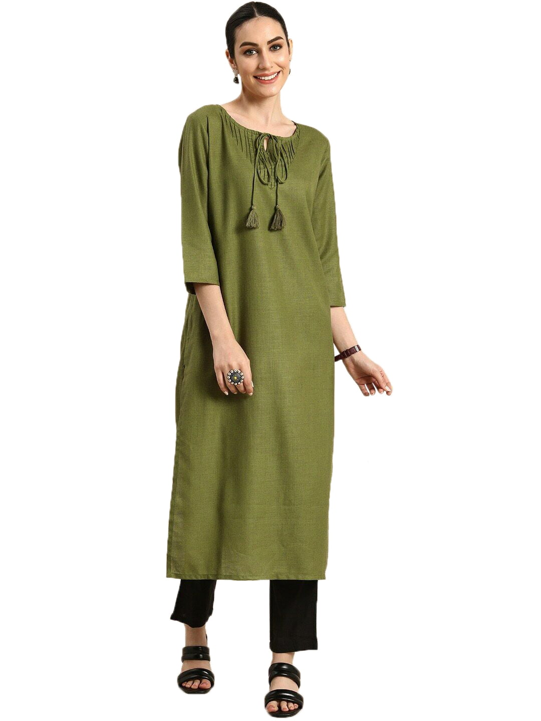 eloria Women's Fashion Solid Front Dori Tie-Up Neck Design Kurti, Fabric :  Cotton, Color : Green, Size : Medium - Walmart.com