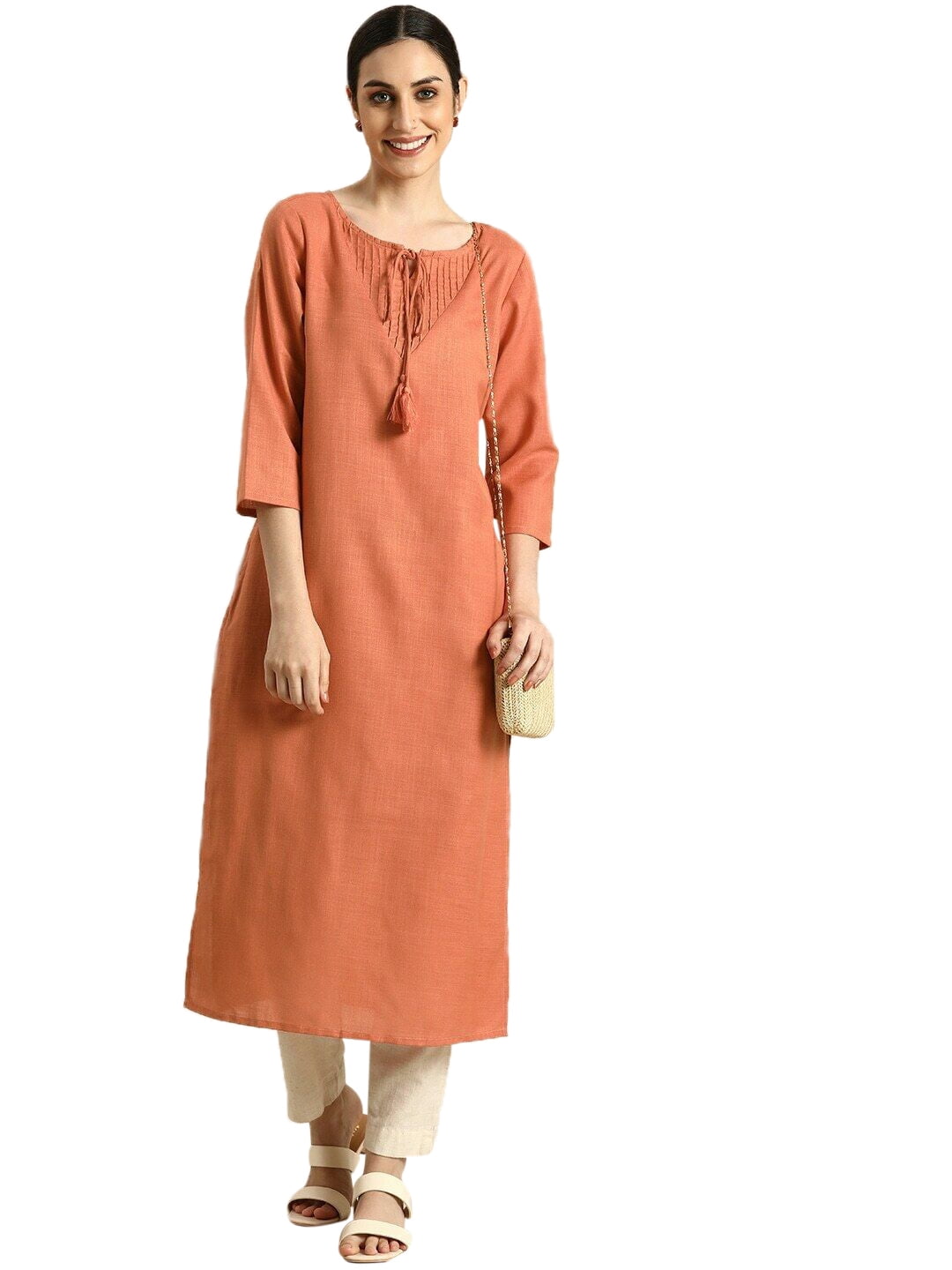 eloria Women's Fashion Solid Front Dori Tie-Up Neck Design Kurti, Fabric :  Cotton, Color : Green, Size : X-Large - Walmart.com