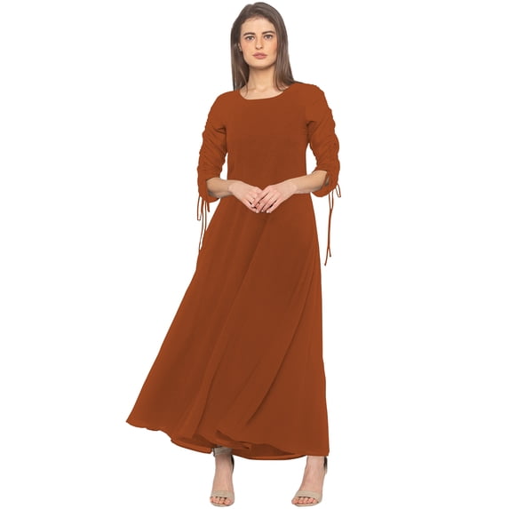 eloria Women's Georgette A Line Boat Neck Short Sleevless PartyWear Maxi Dress, Color : Brown | Size : 3XL