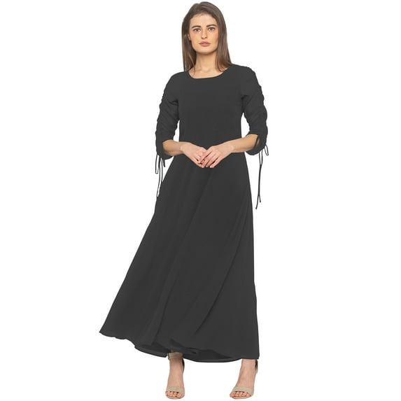 eloria Women's Georgette A Line Boat Neck Short Sleevless PartyWear Maxi Dress, Color : Grey | Size : M