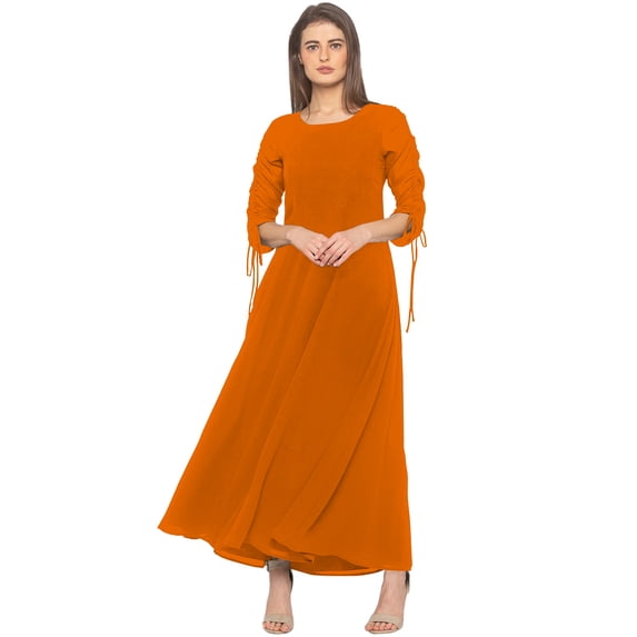 eloria Women's Georgette A Line Boat Neck Short Sleevless PartyWear Maxi Dress, Color : Orange | Size : L