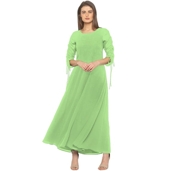 eloria Women's Georgette A Line Boat Neck Short Sleevless PartyWear Maxi Dress, Color : Pista Green | Size : XS