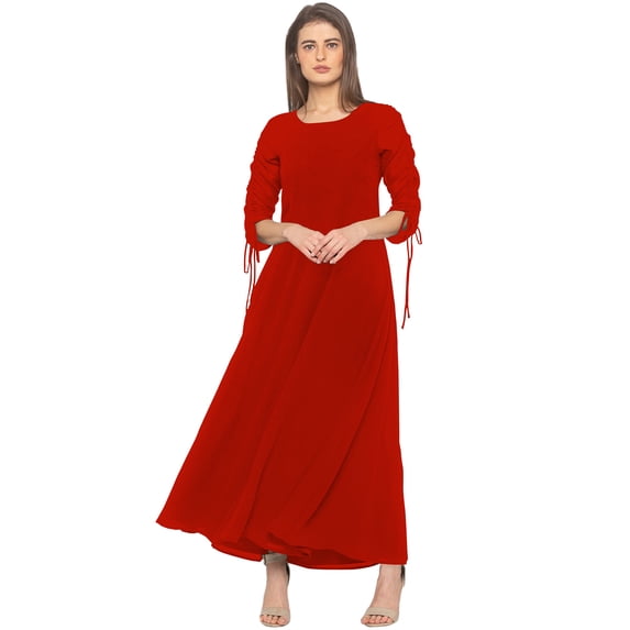 eloria Women's Georgette A Line Boat Neck Short Sleevless PartyWear Maxi Dress, Color : Red | Size : M
