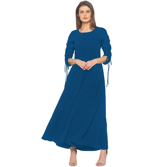 eloria Women's Georgette A Line Boat Neck Short Sleevless PartyWear Maxi Dress, Color : Teal Blue | Size : L
