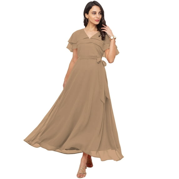 eloria Women's Georgette Ankle Length V Neck Short Sleeve Waist Tie Long Dress, Color : Beige | Size : M