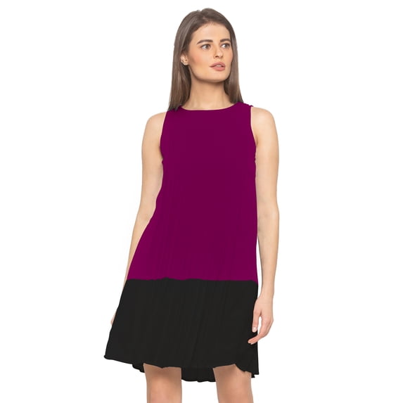 eloria Women's Georgette Boat Neck Pleated Sleevless Tunic Casual Midi Dress, Color : Dark Purple | Size : XL