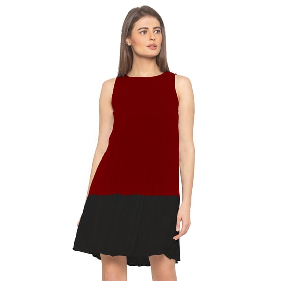 eloria Women's Georgette Boat Neck Pleated Sleevless Tunic Casual Midi Dress, Color : Maroon | Size : XXL