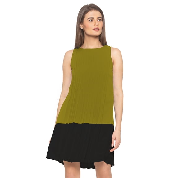 eloria Women's Georgette Boat Neck Pleated Sleevless Tunic Casual Midi Dress, Color : Olive Green | Size : XS