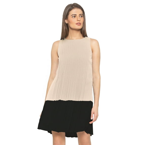 eloria Women's Georgette Boat Neck Pleated Sleevless Tunic Casual Midi Dress, Color : Peach | Size : XS