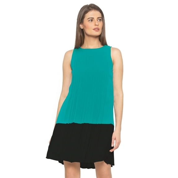 eloria Women's Georgette Boat Neck Pleated Sleevless Tunic Casual Midi Dress, Color : Teal 2 | Size : 3XL