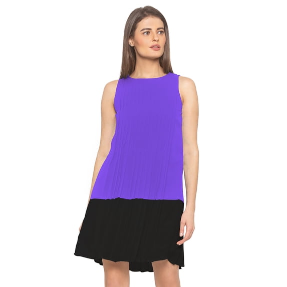 eloria Women's Georgette Boat Neck Pleated Sleevless Tunic Casual Midi Dress, Color : Violet | Size : S