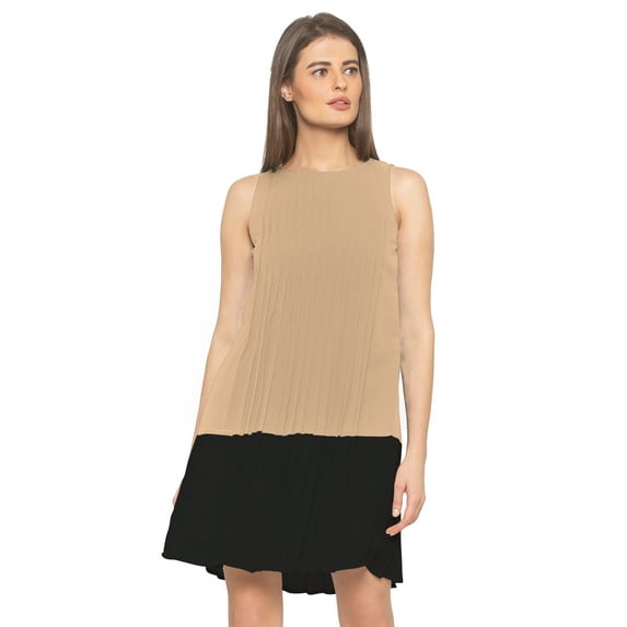 eloria Women's Georgette Boat Neck Pleated Sleevless Tunic Casual Midi Dress, Color : beige | Size : XS