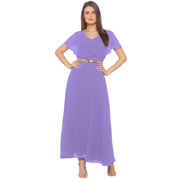 eloria Women's Georgette Frilled Design V Neck Sleevless Party Long Maxi Dress, Color : Baby Purple | Size : XL