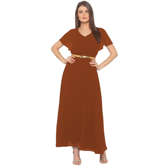 eloria Women's Georgette Frilled Design V Neck Sleevless Party Long Maxi Dress, Color : Brown | Size : 3XL
