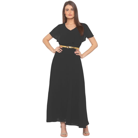 eloria Women's Georgette Frilled Design V Neck Sleevless Party Long Maxi Dress, Color : Grey | Size : 3XL