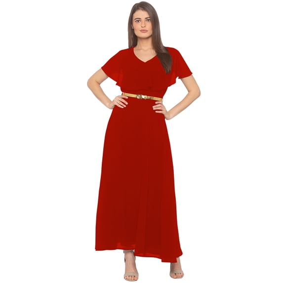 eloria Women's Georgette Frilled Design V Neck Sleevless Party Long Maxi Dress, Color : Red | Size : XL
