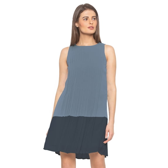 eloria Women's Georgette Midi Boat Neck Sleevless Pleated Design Summer Dress, Color : Grey | Size : 3XL