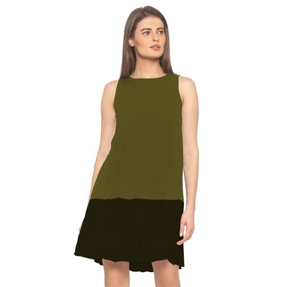 eloria Women's Georgette Midi Boat Neck Sleevless Pleated Design Summer Dress, Color : Olive Green | Size : XS