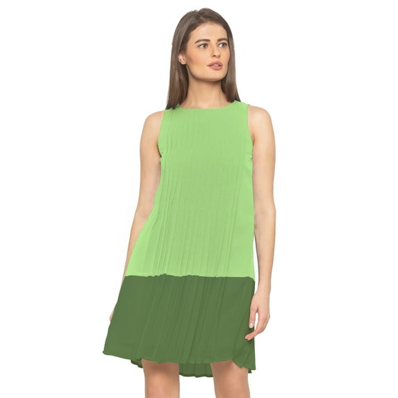 eloria Women's Georgette Midi Boat Neck Sleevless Pleated Design Summer Dress, Color : Pista Green | Size : XXL