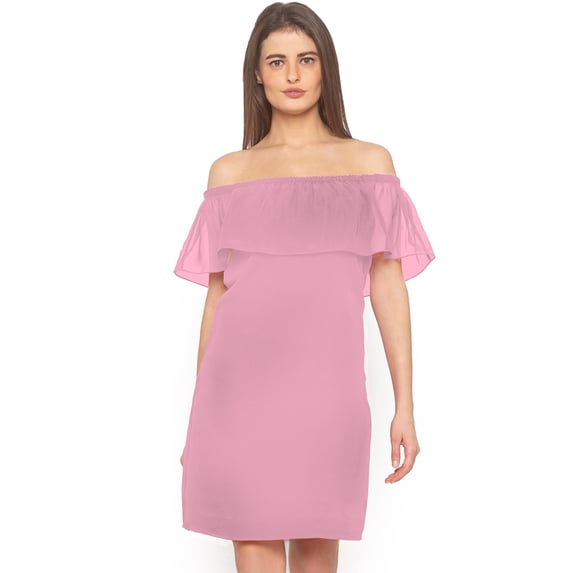 eloria Women's Georgette Off The Shoulder Ruffle Design Casual Midi Dress, Color : Baby Pink | Size : S
