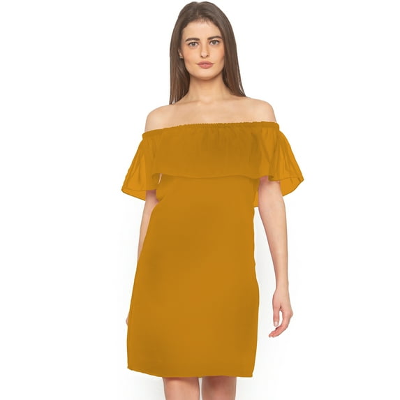 eloria Women's Georgette Off The Shoulder Ruffle Design Casual Midi Dress, Color : Mustard | Size : XXL