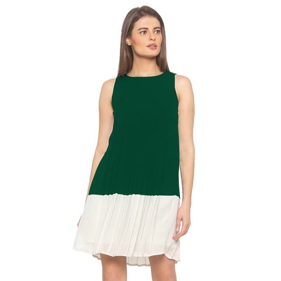 eloria Women's Georgette Pleated Boat Neck Sleevless Summer Casual Midi Dress, Color : Dark Green | Size : XXL
