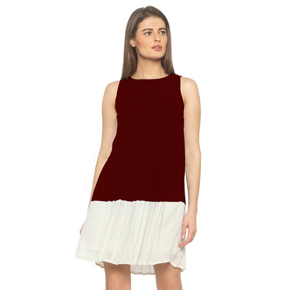 eloria Women's Georgette Pleated Boat Neck Sleevless Summer Casual Midi Dress, Color : Dark Maroon | Size : XL