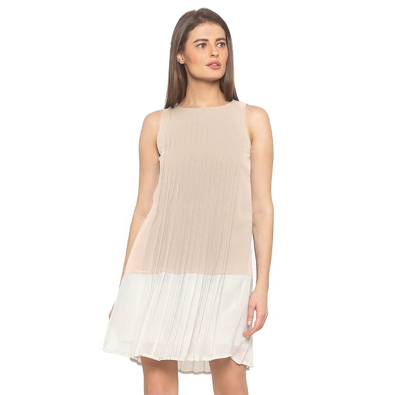 eloria Women's Georgette Pleated Boat Neck Sleevless Summer Casual Midi Dress, Color : Peach | Size : XL