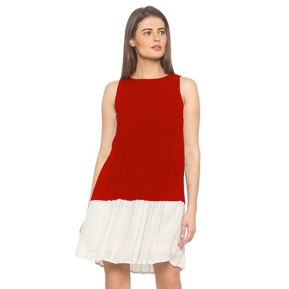 eloria Women's Georgette Pleated Boat Neck Sleevless Summer Casual Midi Dress, Color : Red | Size : 3XL