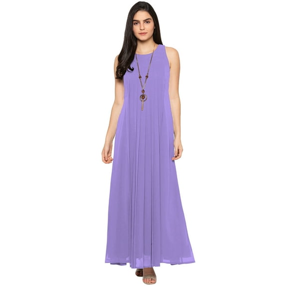 eloria Women's Georgette Roundneck Casual Summer Pleated A Line Sleevless Long Dress, Color : Baby Purple | Size : XXL
