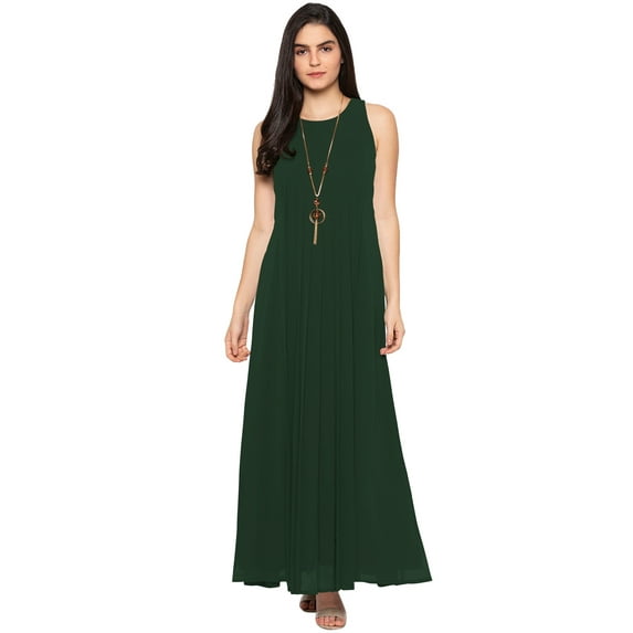 eloria Women's Georgette Roundneck Casual Summer Pleated A Line Sleevless Long Dress, Color : Bottle Green | Size : L