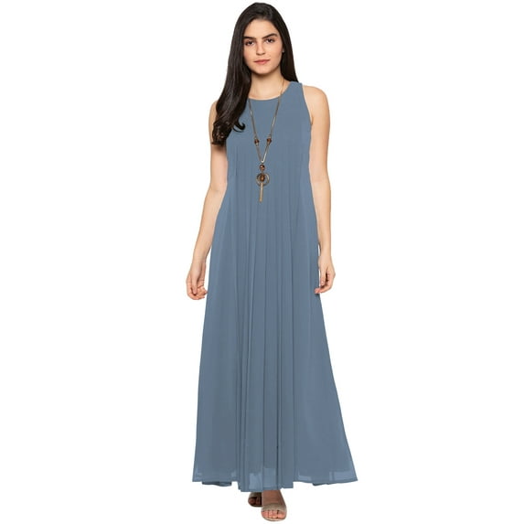 eloria Women's Georgette Roundneck Casual Summer Pleated A Line Sleevless Long Dress, Color : Light Grey 2 | Size : XL